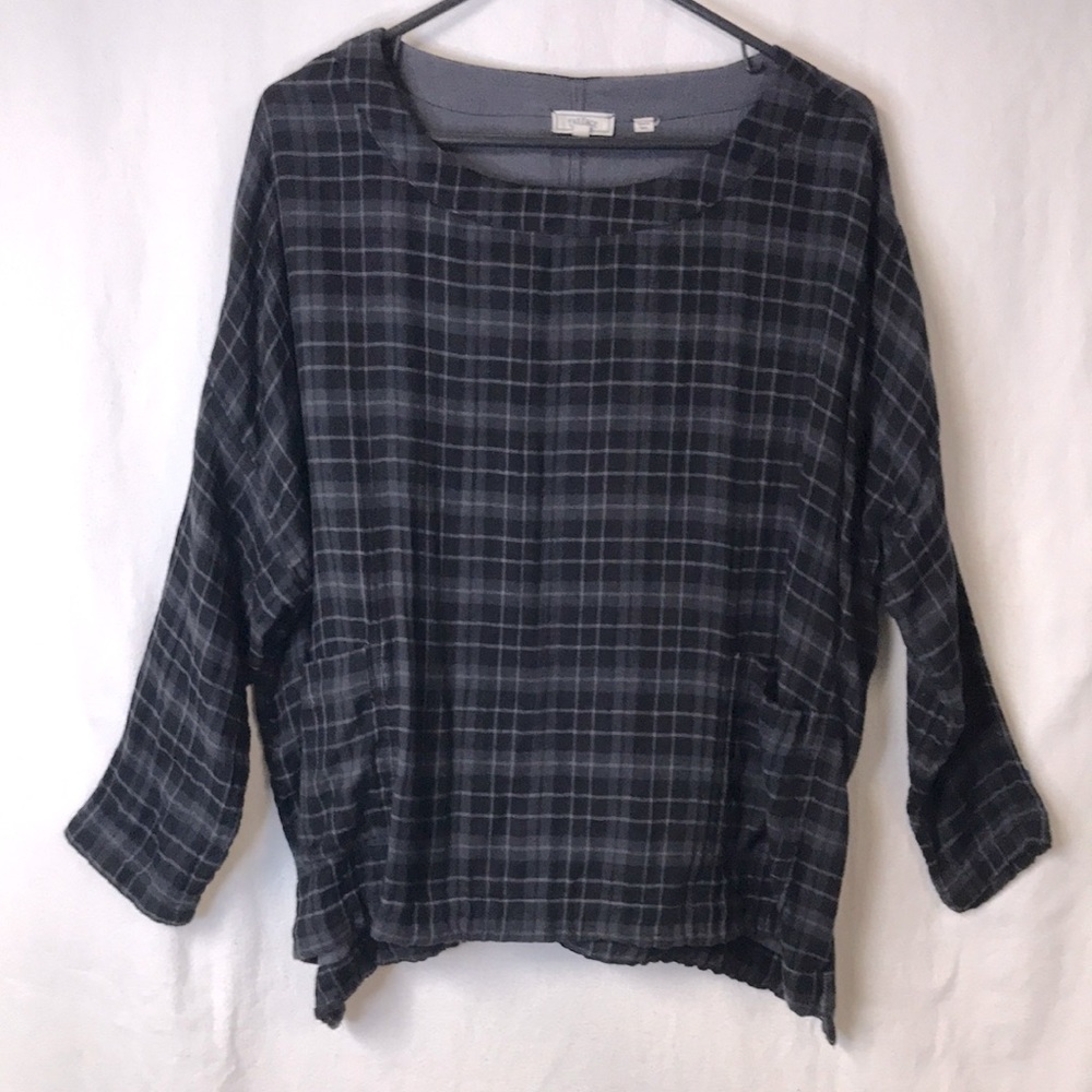 FAT Face Women’s Tunic Top Black Gray Plaid Front Pockets Lightweight Soft Sz 8